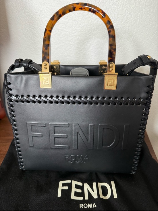 Fendi Handbags - Fendi Black Leather Satchel with Tortoiseshell Handle and Gold Hardware